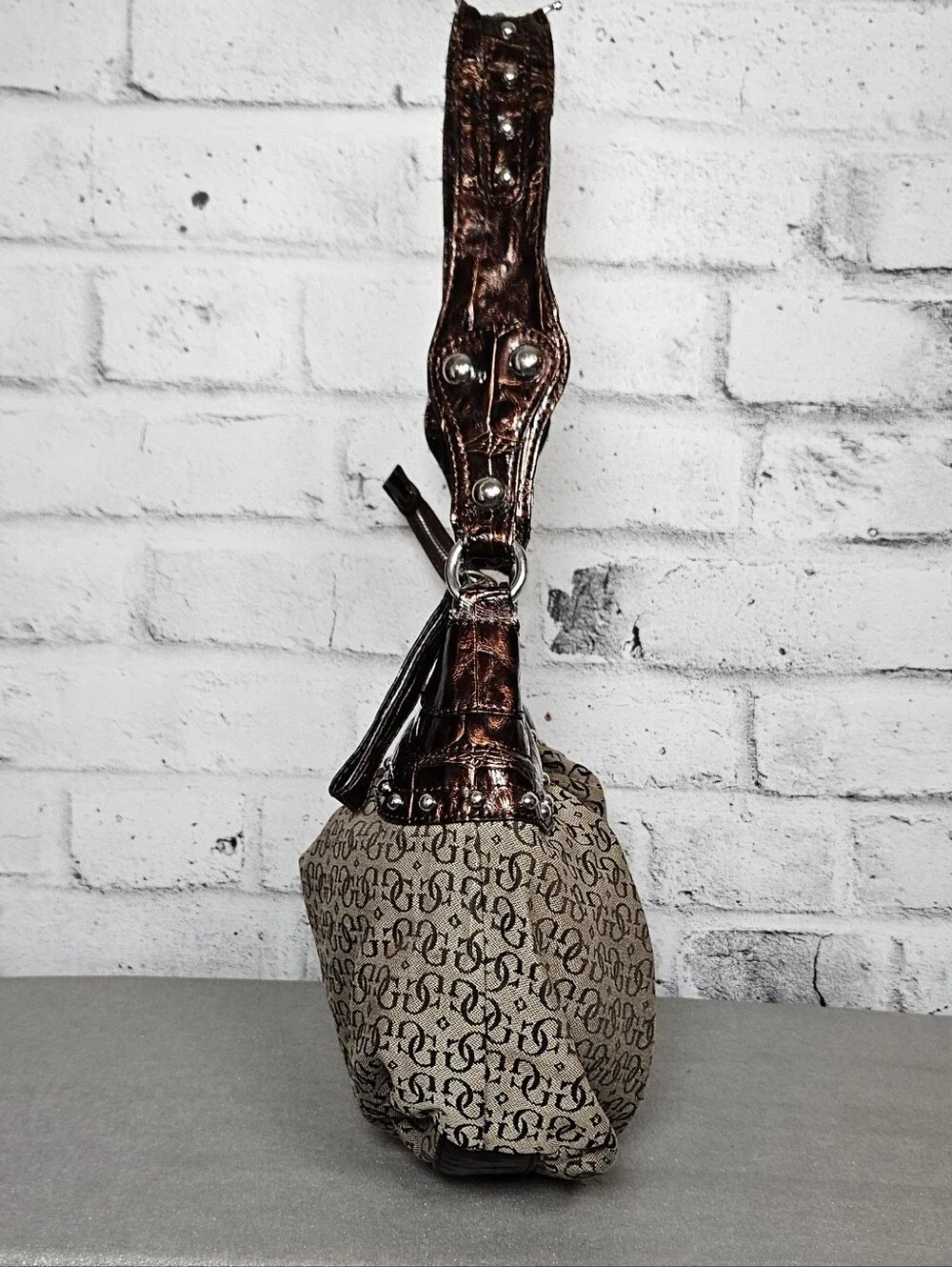 Guess Monogram Canvas Hobo Shoulder Bag Brown Metallic Trim Studded - Picture 2 of 14